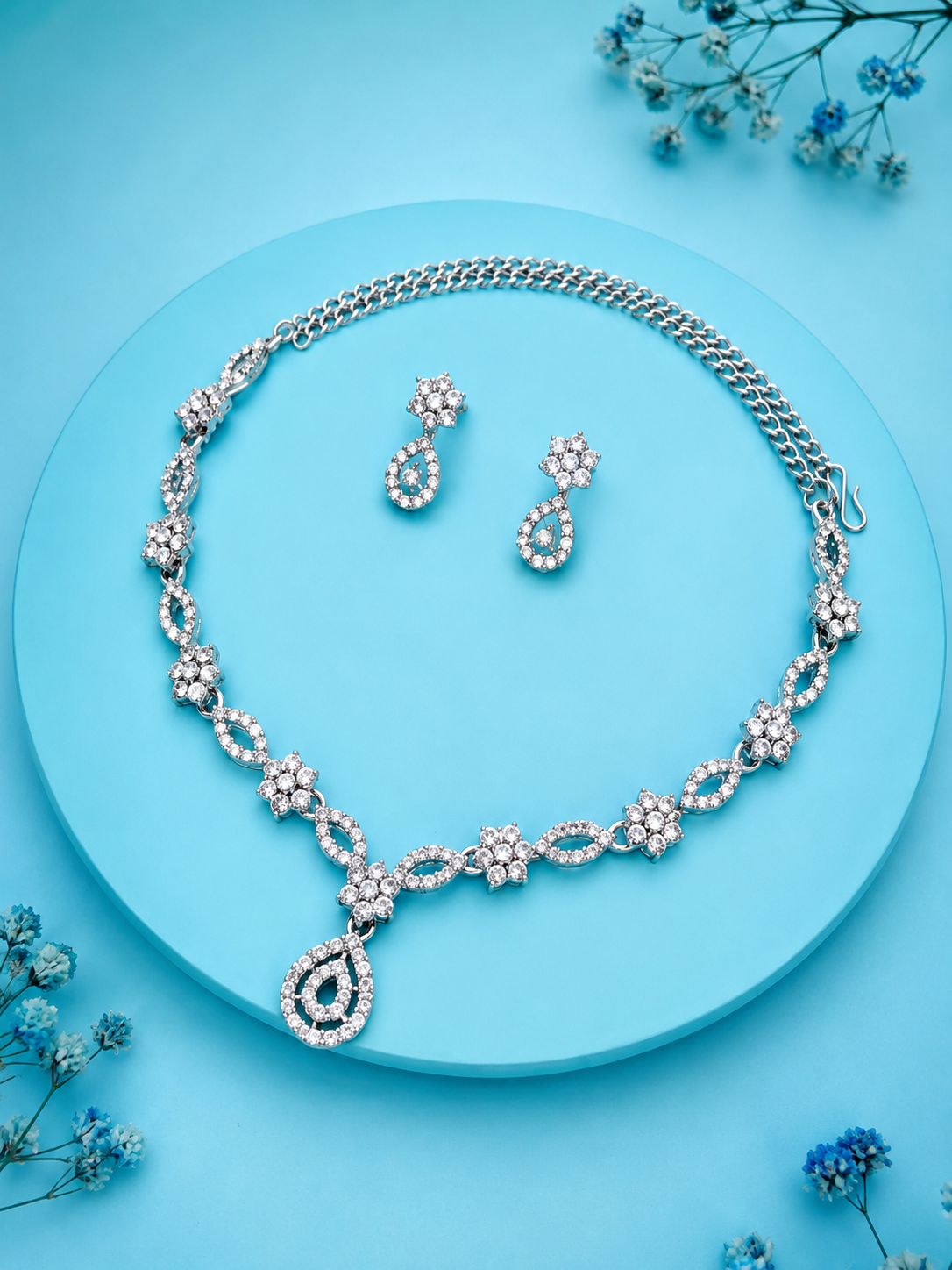 Silver Plated Necklace Set with American Diamond Earrings