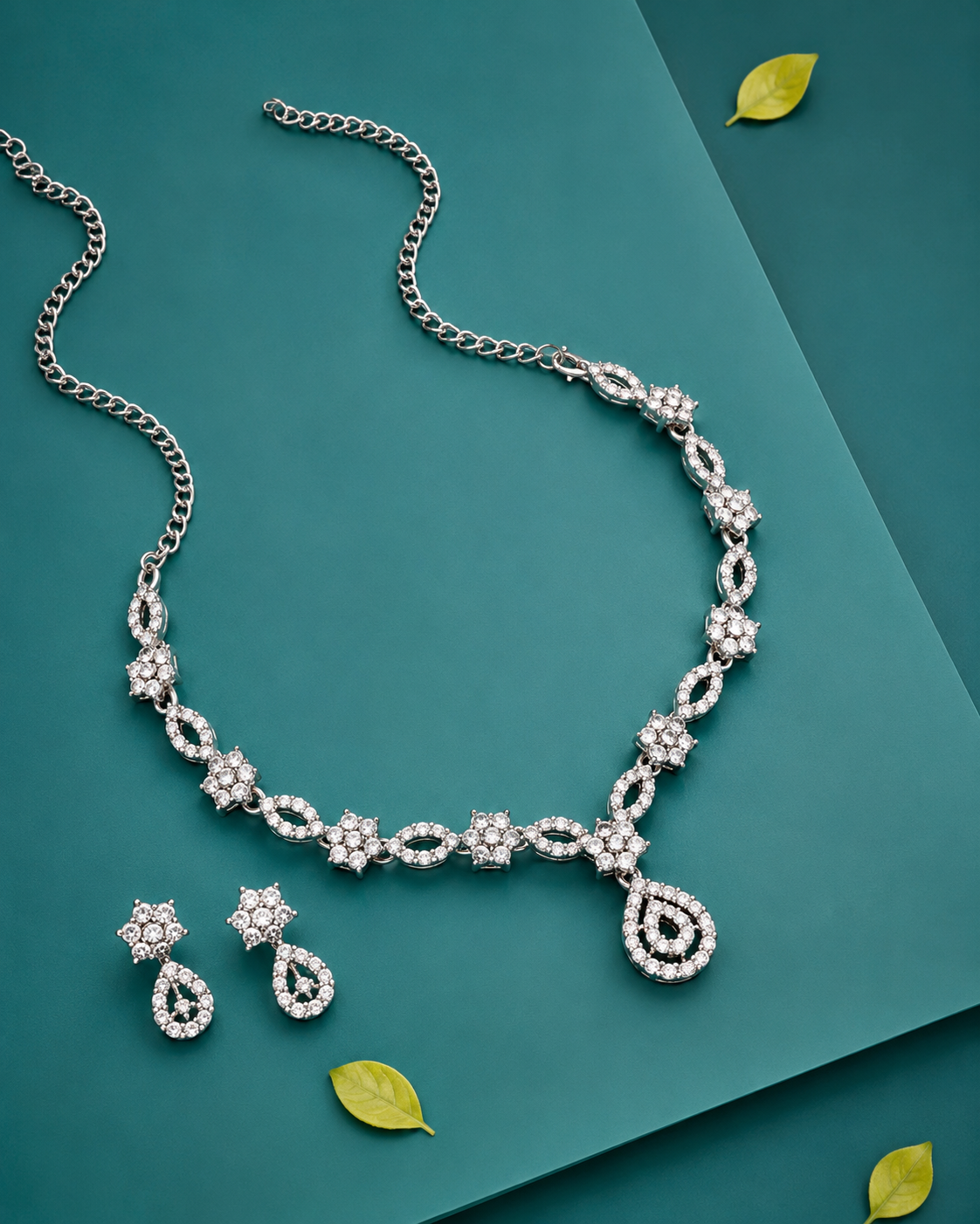 Silver Plated Necklace Set with American Diamond Earrings