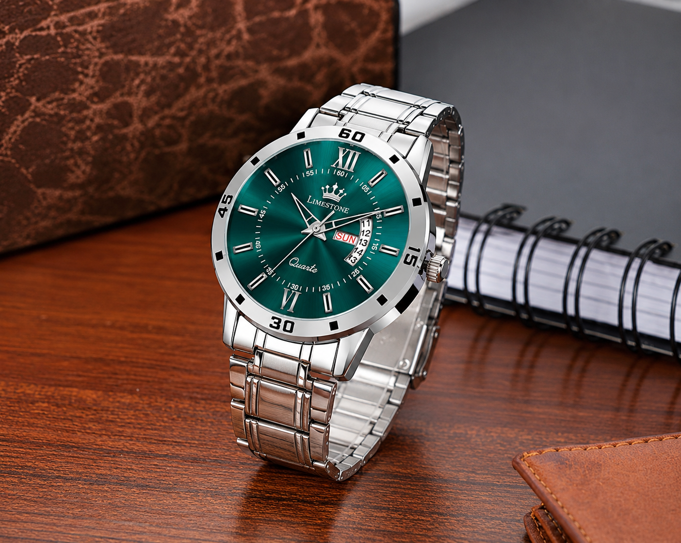 LIMESTONE Men's Analog Watch — Olive Green Dial, Steel Strap, Day & Date (LS3225)