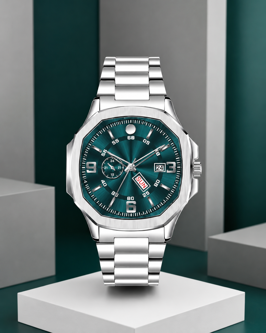 Katori Square Green Dial Day & Date Steel Analog Watch for Men
