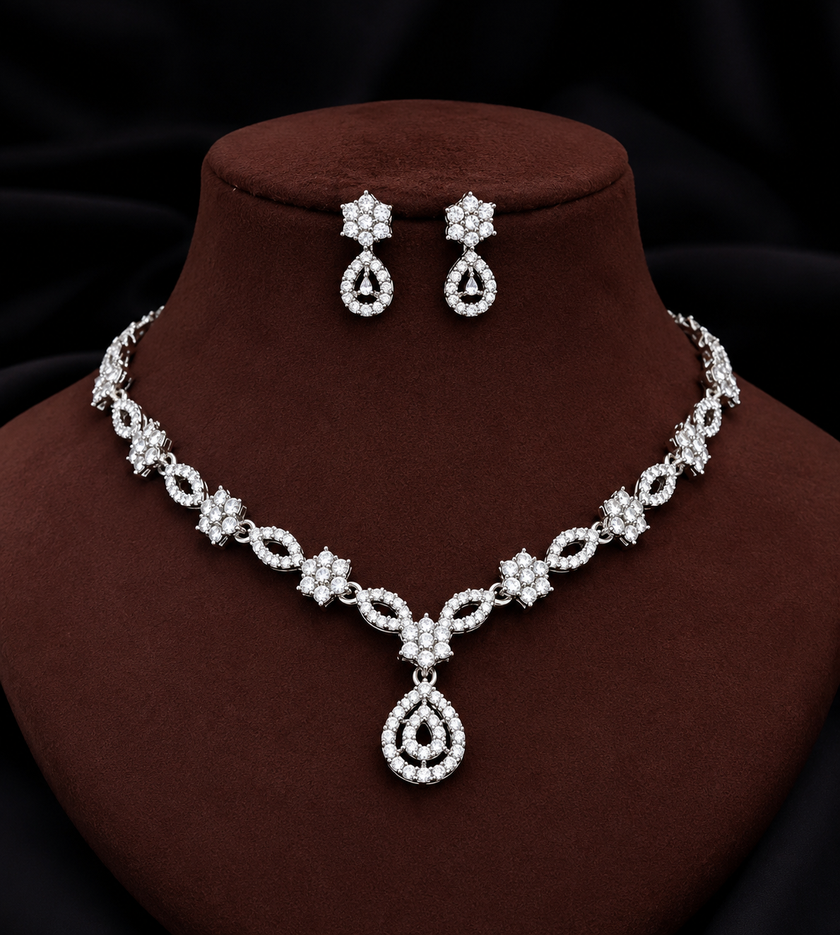 Silver Plated Necklace Set with American Diamond Earrings