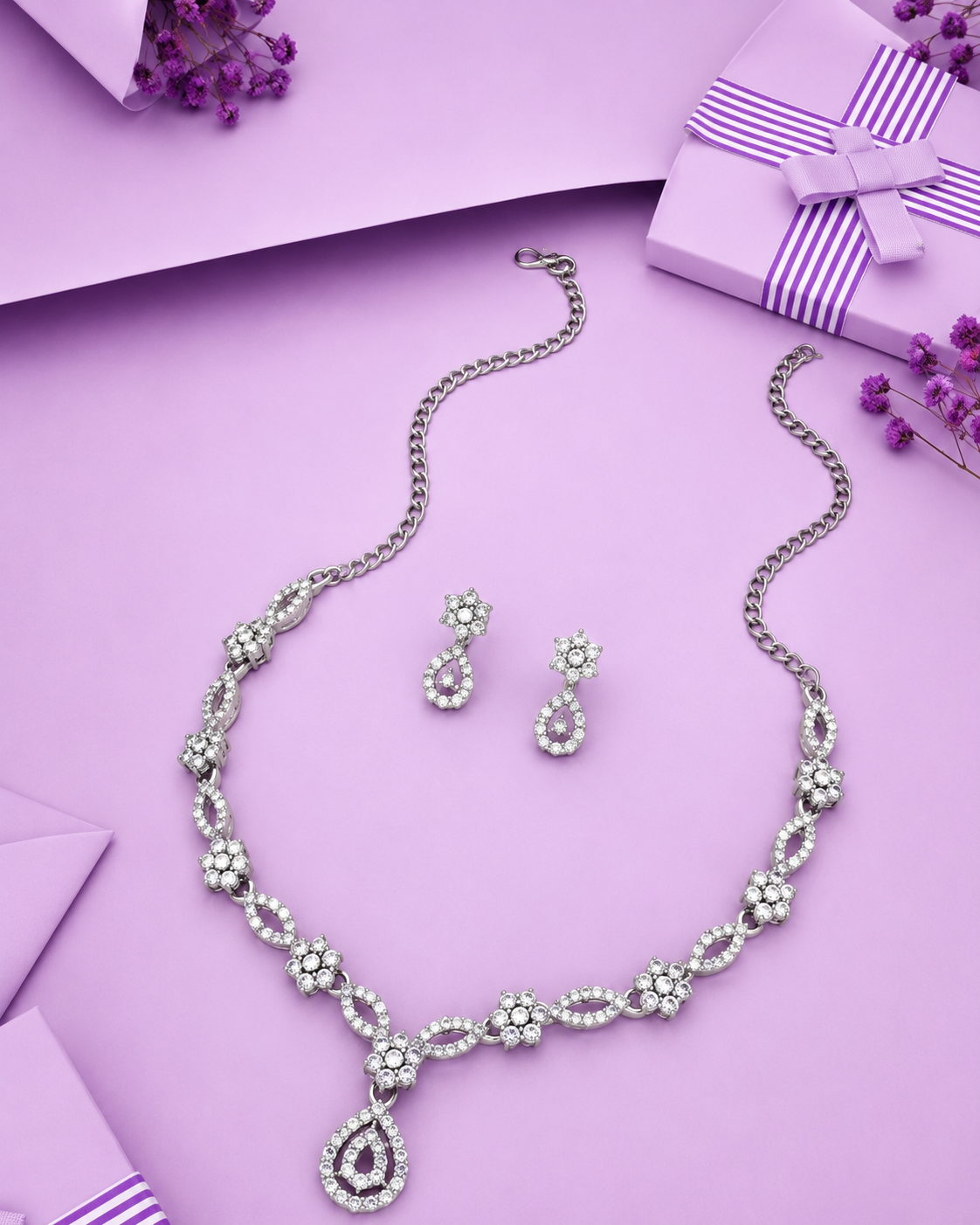 Silver Plated Necklace Set with American Diamond Earrings