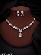 Silver Necklace Set with American Diamond Earrings