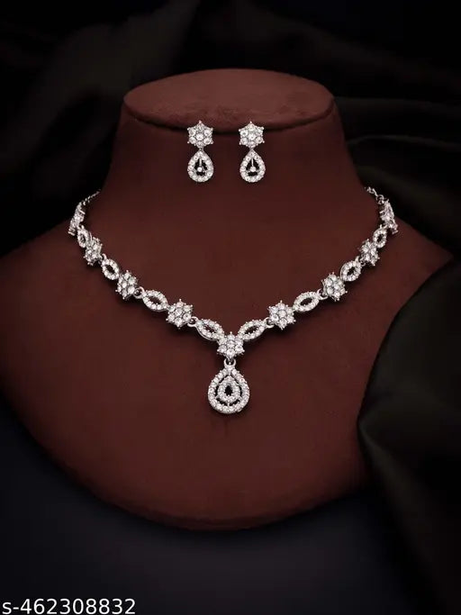 Silver Necklace Set with American Diamond Earrings