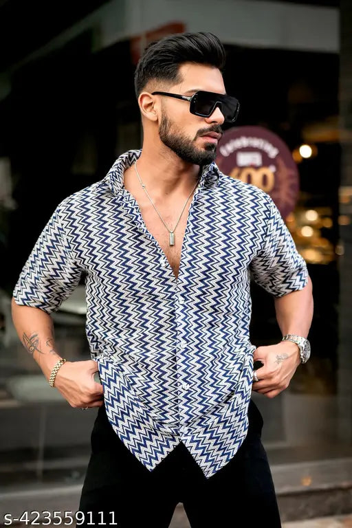 Navy Zig-Zag Striped Crochet Shirt for Men