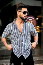 Navy Zig-Zag Striped Crochet Shirt for Men