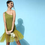 Green One Shoulder Net A-Line Dress