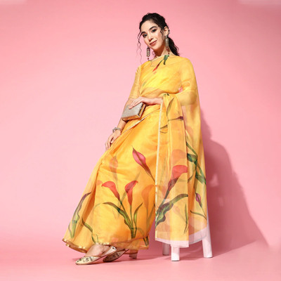 Yellow Floral Print Organza Tussar Saree