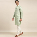 Men Green Ethnic Motifs Woven Design Kurta & Churidar Comes With a Nehru Jacket