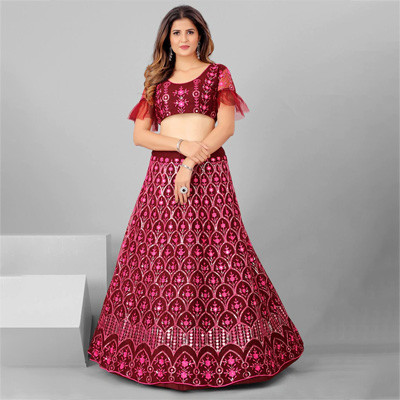 Maroon Embellished Sequinned Semi-Stitched Lehenga & Unstitched Blouse With Dupatta