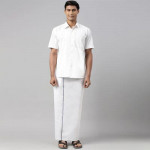 Men White & Blue Solid Pure Cotton Dhoti Has Blue Border