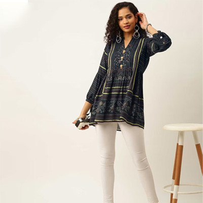 Mandarin Collar Printed Tie-up Sleeves Cotton Tunic