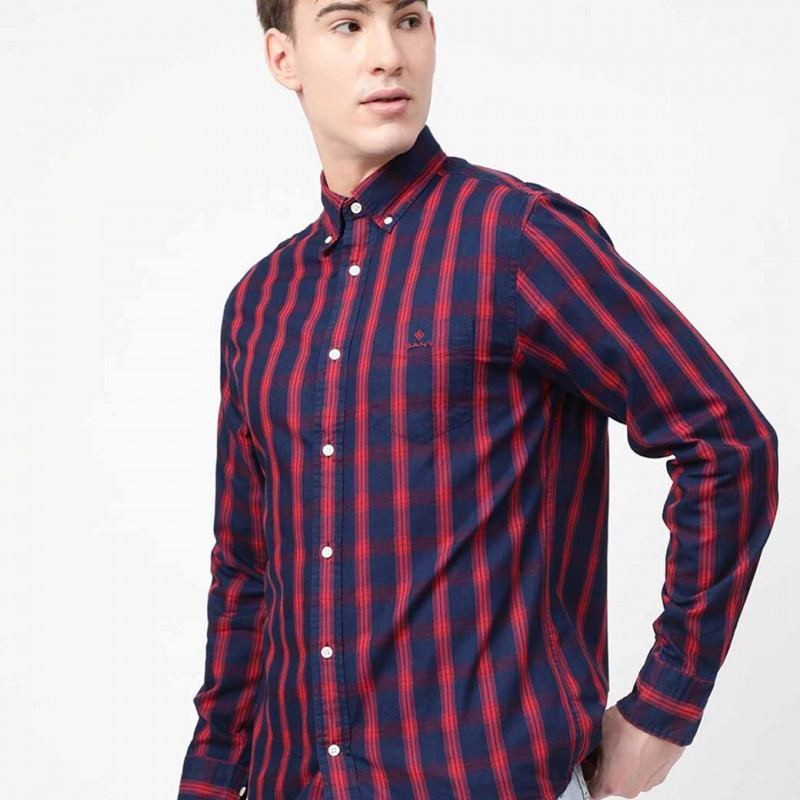 "Men Navy Blue Classic Striped Organic Cotton Casual Shirt "