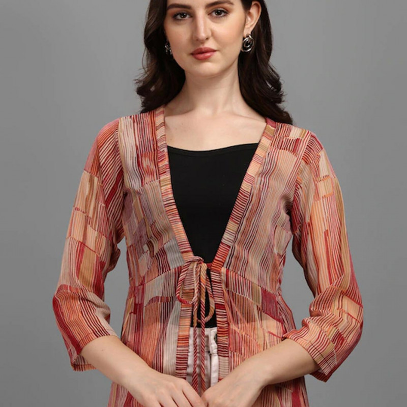 Women Brown Printed Longline Tie-Up Shrug