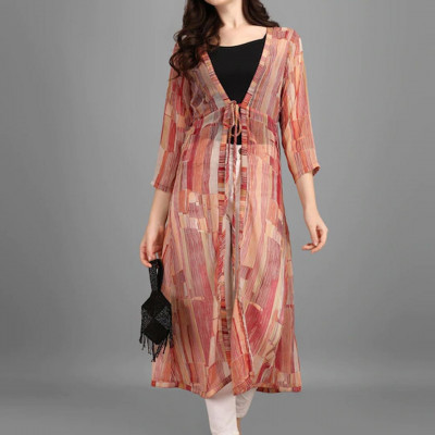 Women Brown Printed Longline Tie-Up Shrug