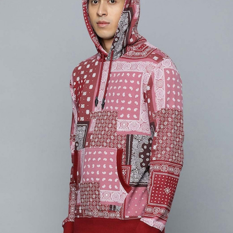 "Men Red & Pink Bohemian Printed Pure Cotton Hooded Sweatshirt "