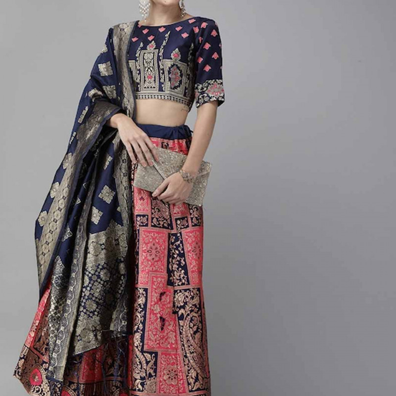 Pink & Navy Blue Woven Design Semi-Stitched Lehenga & Unstitched Blouse with Dupatta