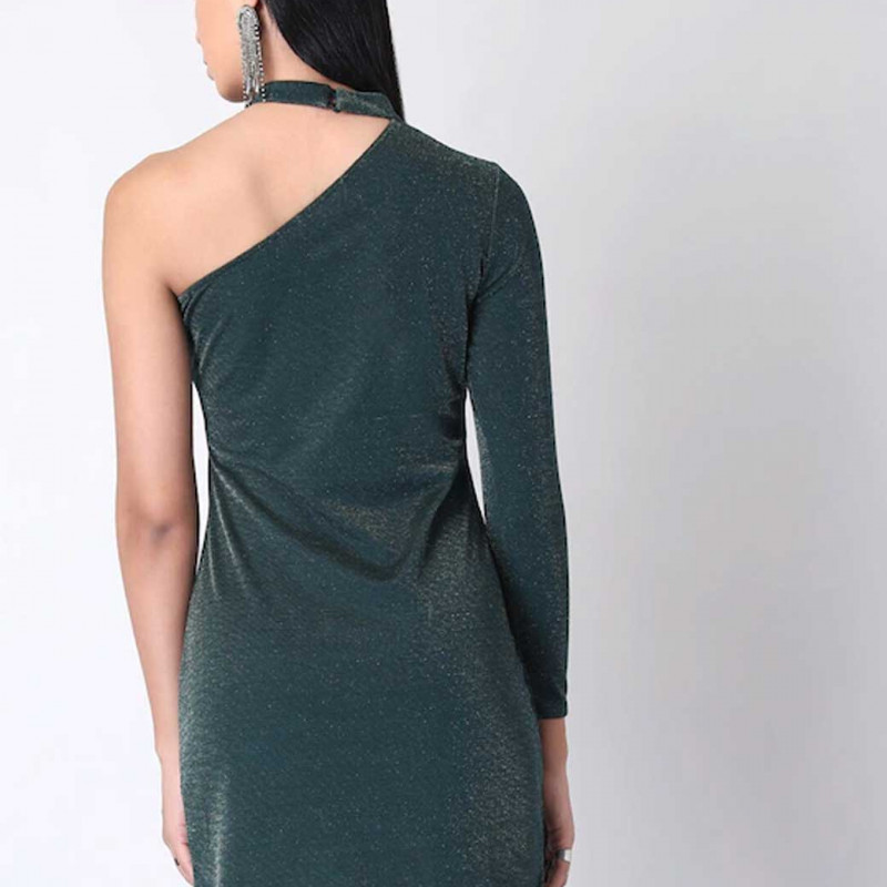 Women Green One Shoulder Bodycon Mini Dress